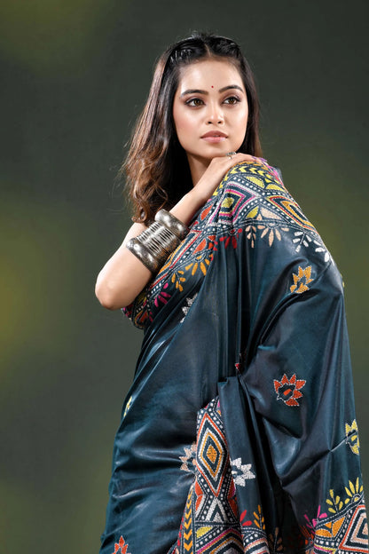 Dark jungle green multi-thread ethnic design silk kantha saree 2