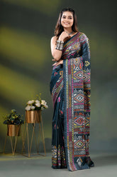 Dark jungle green multi-thread ethnic design silk kantha saree 6