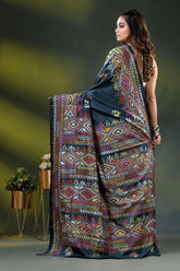 Dark jungle green multi-thread ethnic design silk kantha saree 5