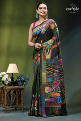 Dark jungle green village theme hand kantha stitched silk saree black silk saree vibrant colorful 6