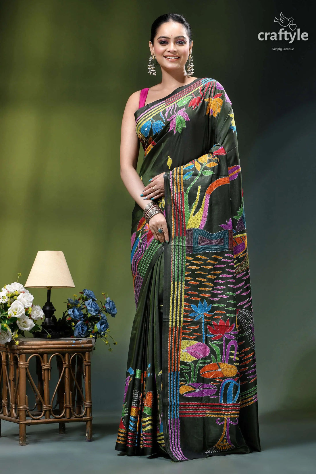 Dark jungle green village theme hand kantha stitched silk saree vibrant dark green hand-embroidered saree 1