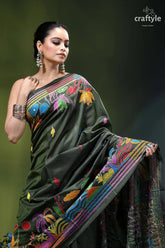 Dark jungle green village theme hand kantha stitched silk saree vibrant olive green silk saree 2