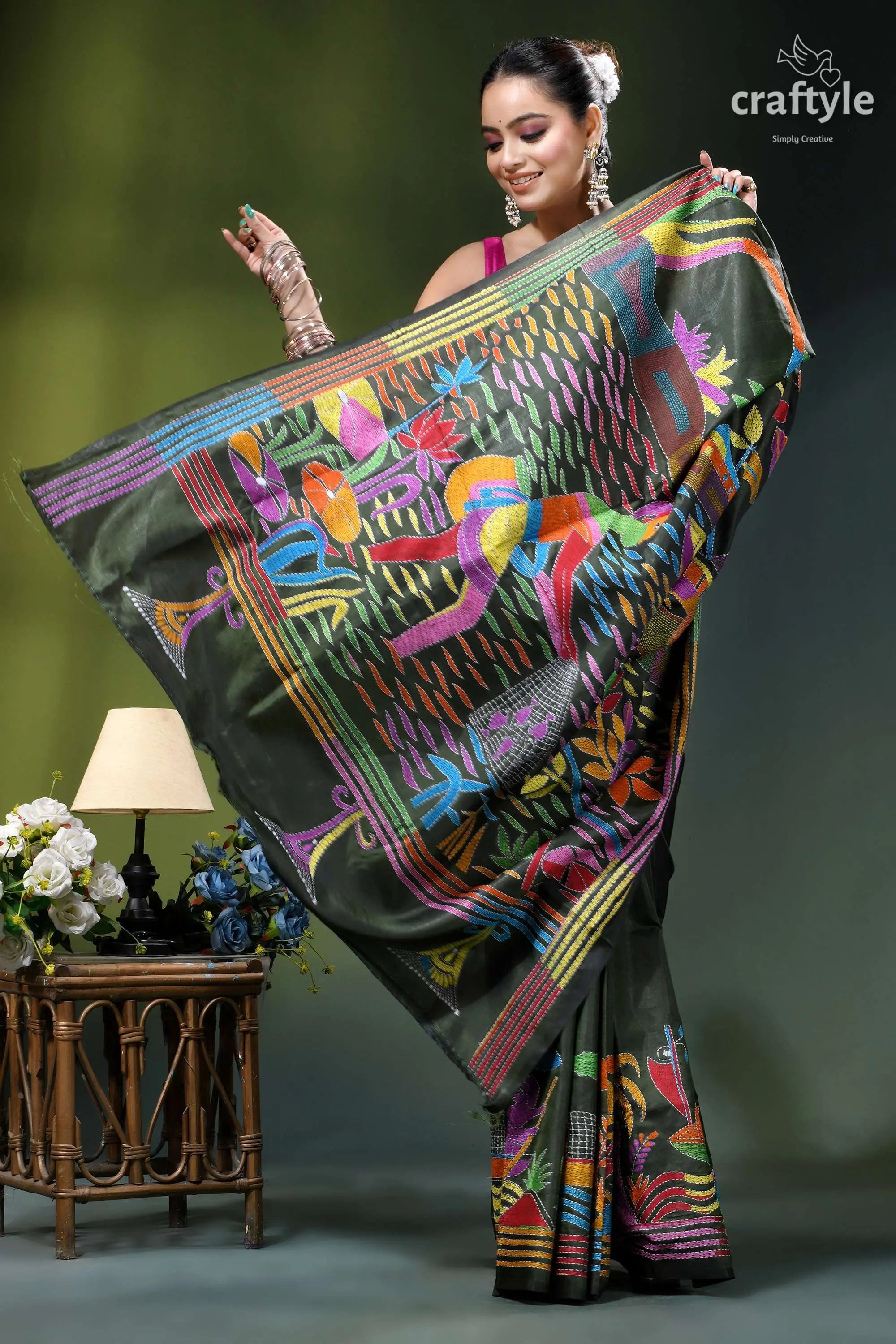 Dark jungle green village theme hand kantha stitched silk saree vibrant dark green silk saree 4