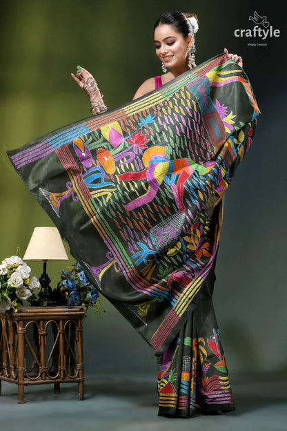 Dark jungle green village theme hand kantha stitched silk saree vibrant dark green silk saree 4