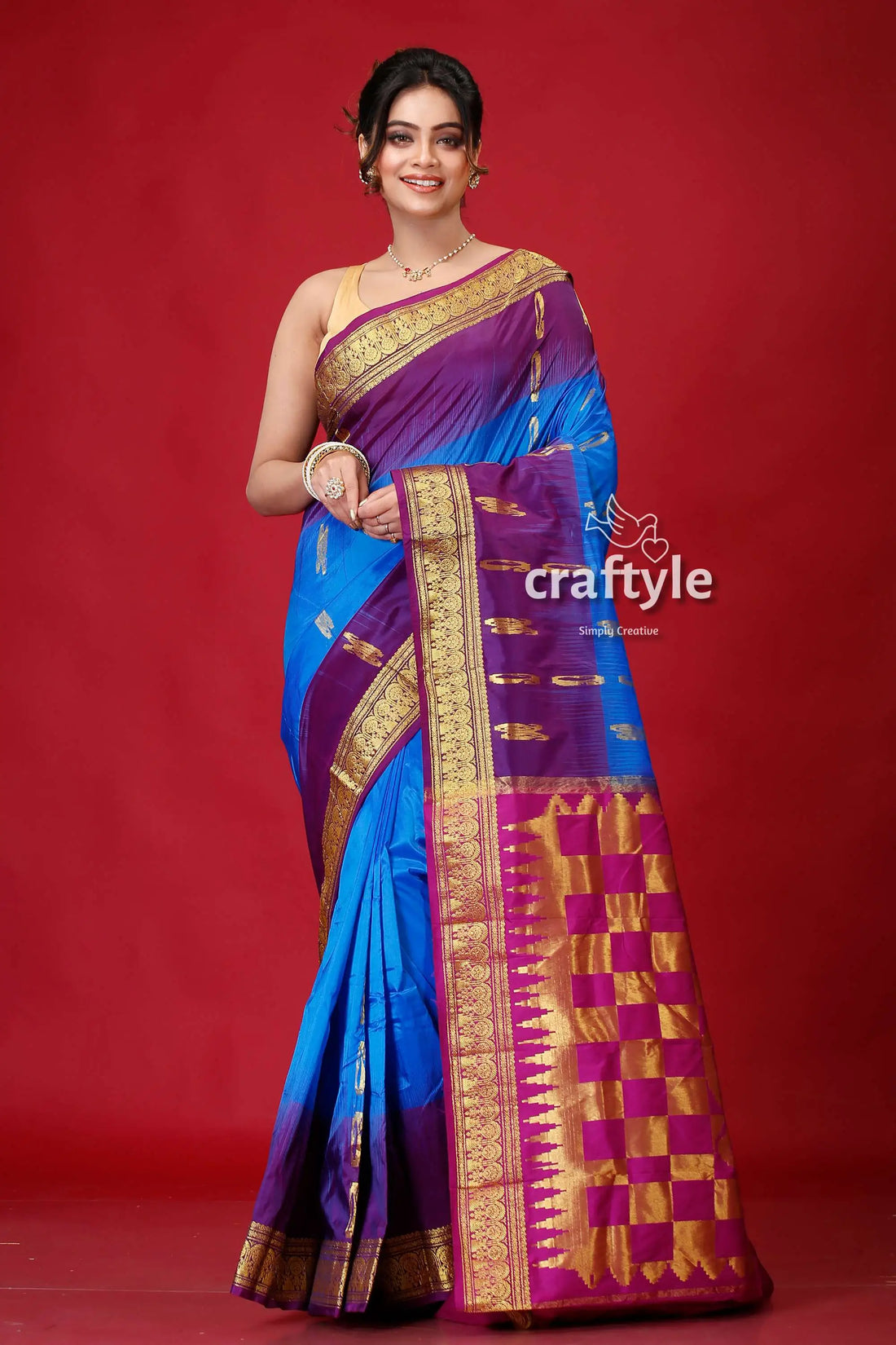 Dark lavender and blue kanjivaram silk saree blue purple saree gold border 1