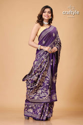 Dark Lavender Beige Thread Traditional Silk Kantha Sari - Craftyle