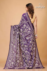 Dark Lavender Beige Thread Traditional Silk Kantha Sari - Craftyle