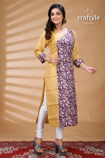 Dark lavender cotton printed angrakha kurti with side knot woman yellow purple floral kurta 1