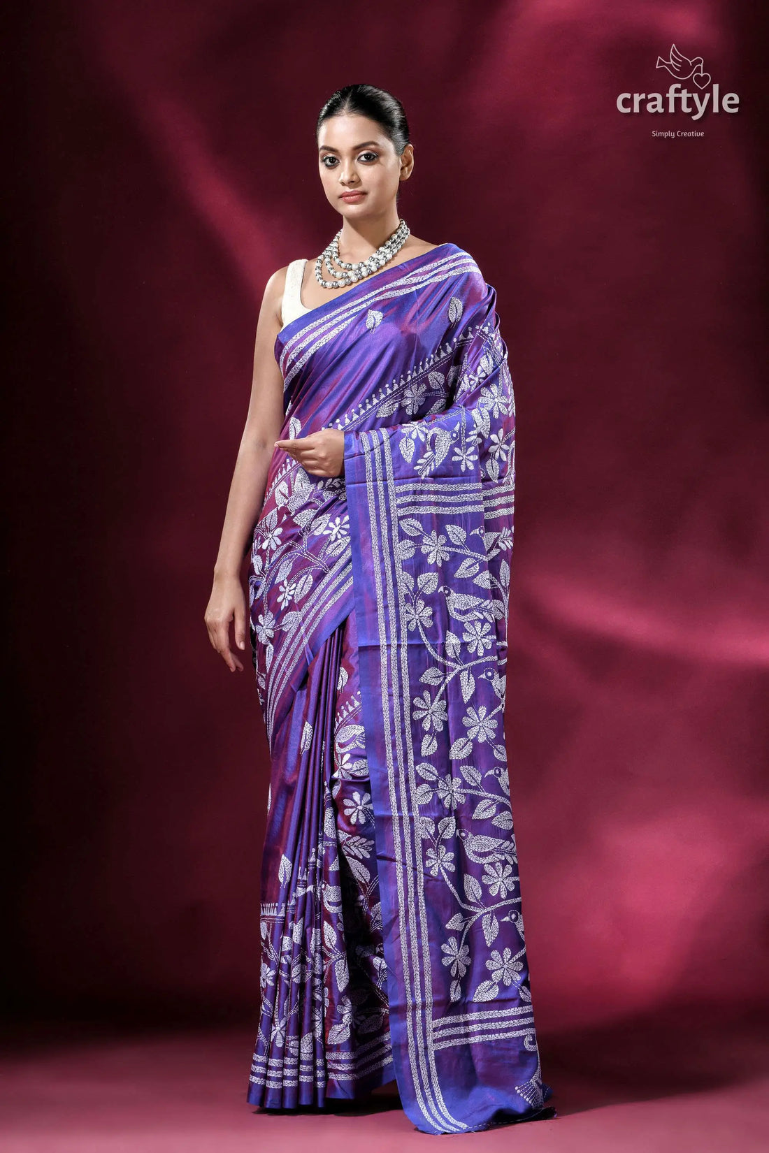 Dark lavender dual tone bird pattern silk kantha saree purple floral saree 1