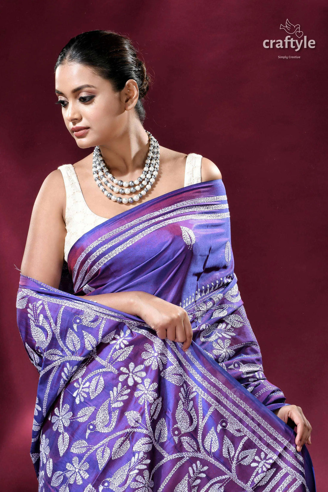 Dark lavender dual tone bird pattern silk kantha saree woman purple saree white floral 2