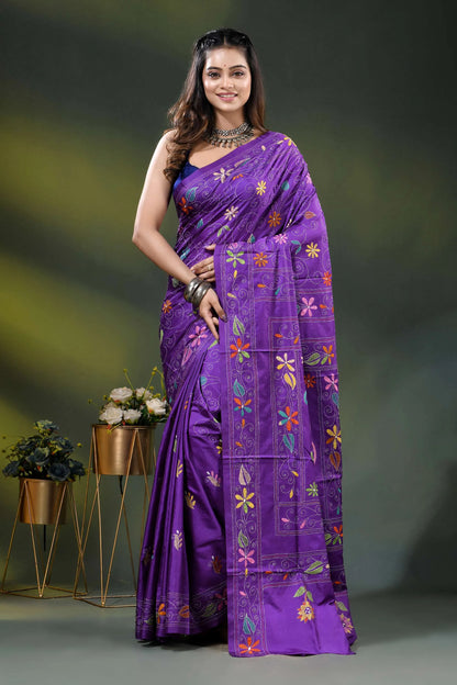 Dark lavender floral motif hand embroidered multicolor kantha silk saree 1