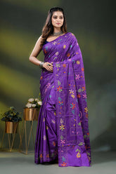 Dark lavender floral motif hand embroidered multicolor kantha silk saree 6