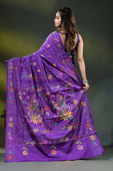 Dark lavender floral motif hand embroidered multicolor kantha silk saree 4