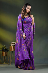 Dark lavender floral motif hand embroidered multicolor kantha silk saree 5