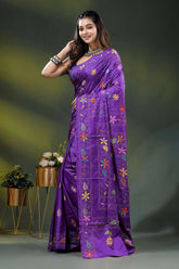 Dark lavender floral motif hand embroidered multicolor kantha silk saree 3