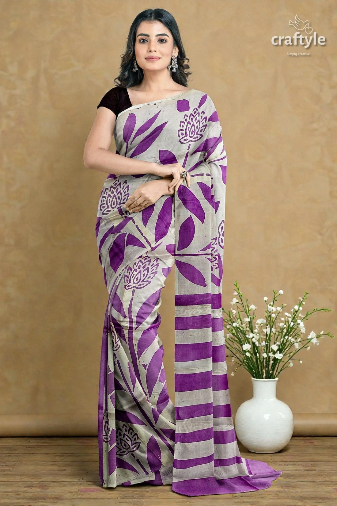 Dark lavender hand batik mulberry pure silk saree - exclusive 2