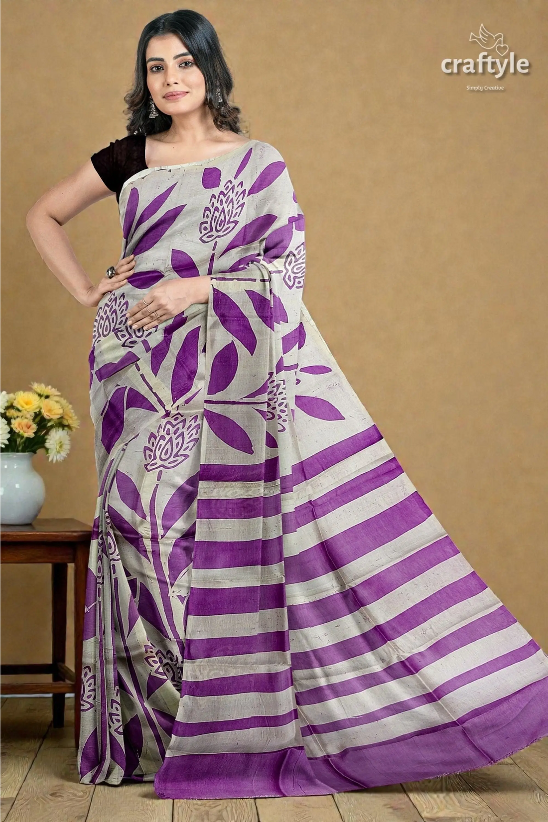 Dark lavender hand batik mulberry pure silk saree - exclusive 1