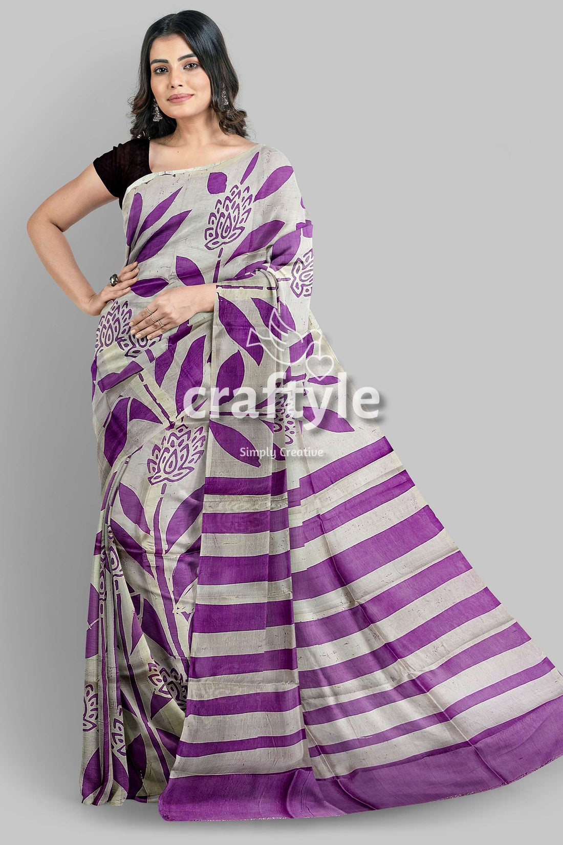 Dark Lavender Hand Batik Mulberry Pure Silk Saree - Exclusive Silk Batik Saree - Craftyle