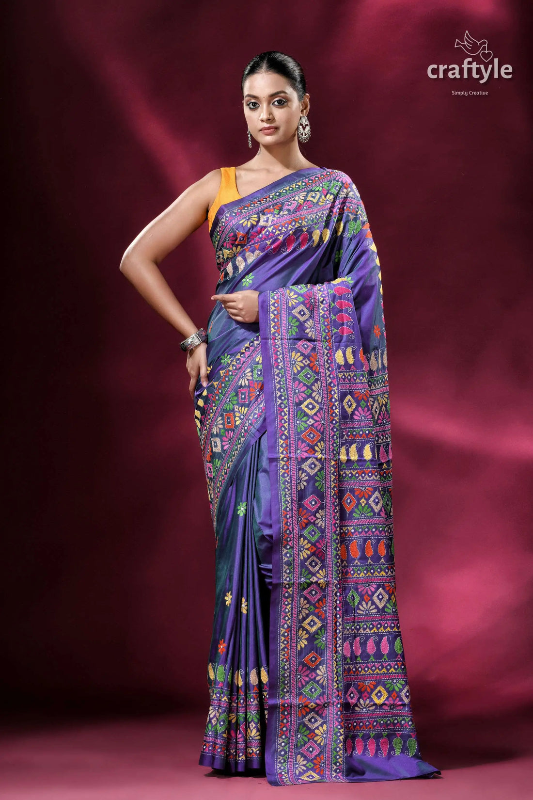 Dark lavender multithread silk kantha saree woman blue saree colorful embroidery 1
