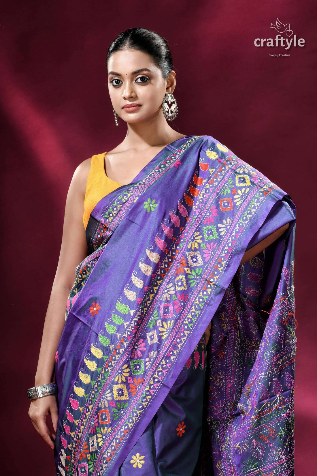 Dark lavender multithread silk kantha saree woman purple saree colorful embroidery 2