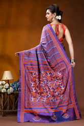 Dark lavender silk kantha saree with handcrafted orange floral patterns purple orange floral-patterned silk saree 5