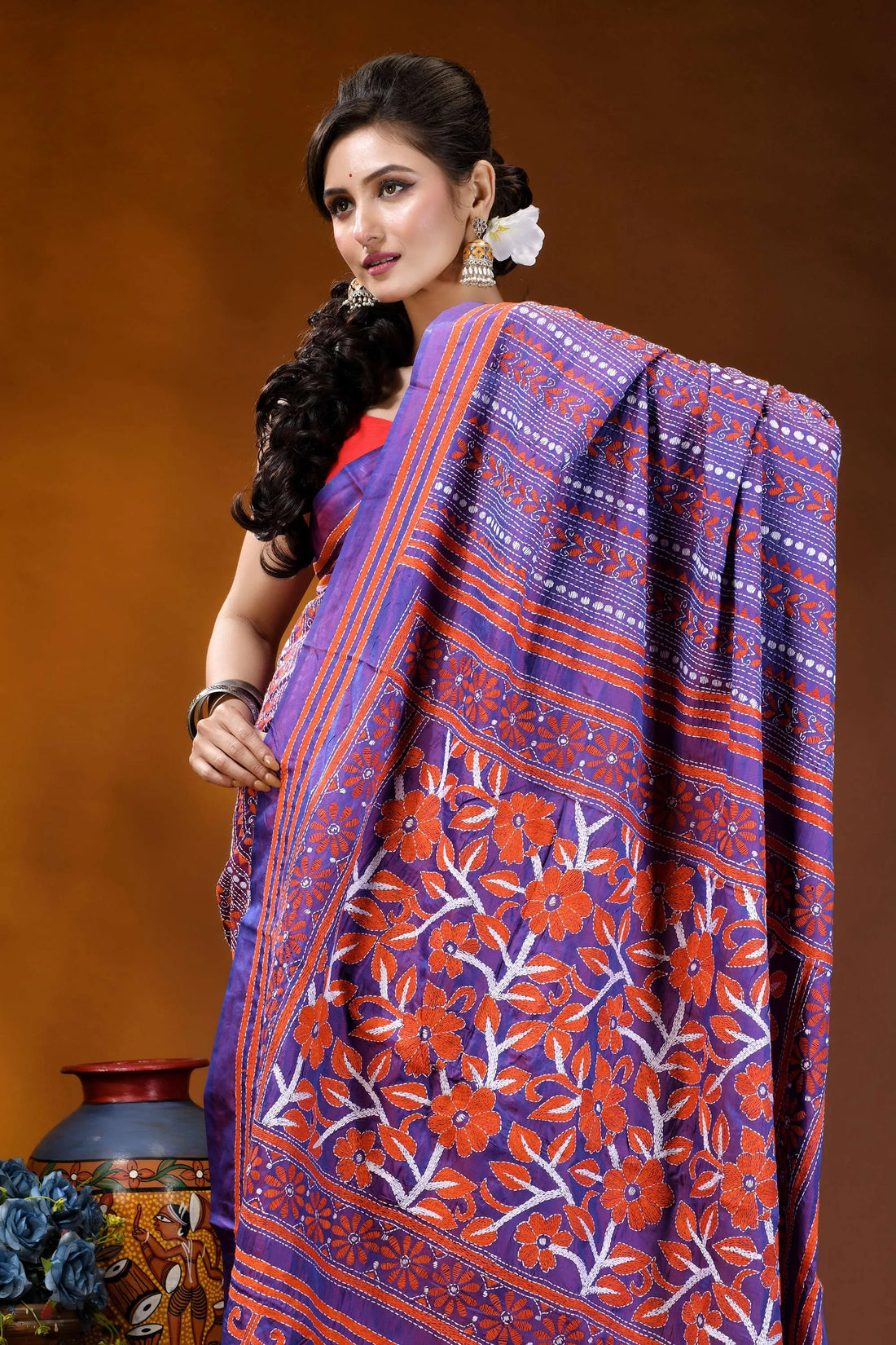 Dark lavender silk kantha saree with handcrafted orange floral patterns vibrant purple orange floral-patterned saree 2