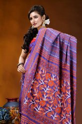 Dark lavender silk kantha saree with handcrafted orange floral patterns vibrant purple orange floral-patterned saree 2