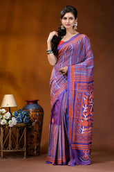 Dark lavender silk kantha saree with handcrafted orange floral patterns woman wears vibrant purple orange 6
