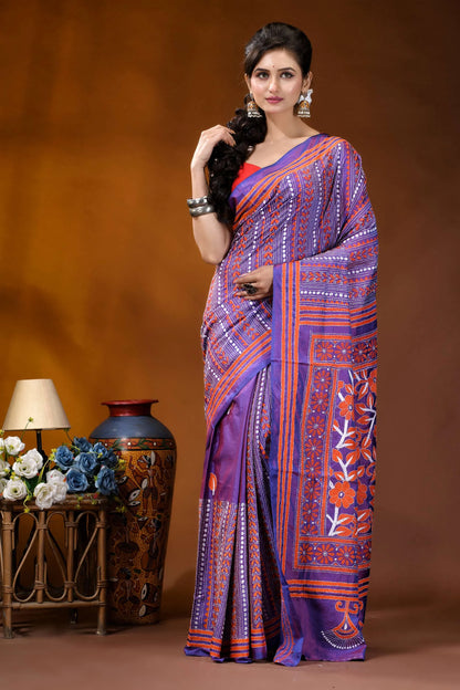 Dark lavender silk kantha saree with handcrafted orange floral patterns woman wears vibrant purple orange 6