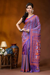 Dark lavender silk kantha saree with handcrafted orange floral patterns woman wears vibrant purple orange 1