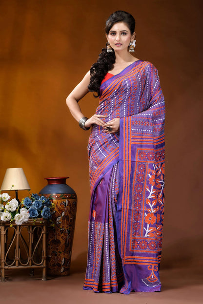 Dark lavender silk kantha saree with handcrafted orange floral patterns woman wears vibrant purple orange 1