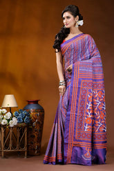 Dark lavender silk kantha saree with handcrafted orange floral patterns woman wears vibrant purple orange 3