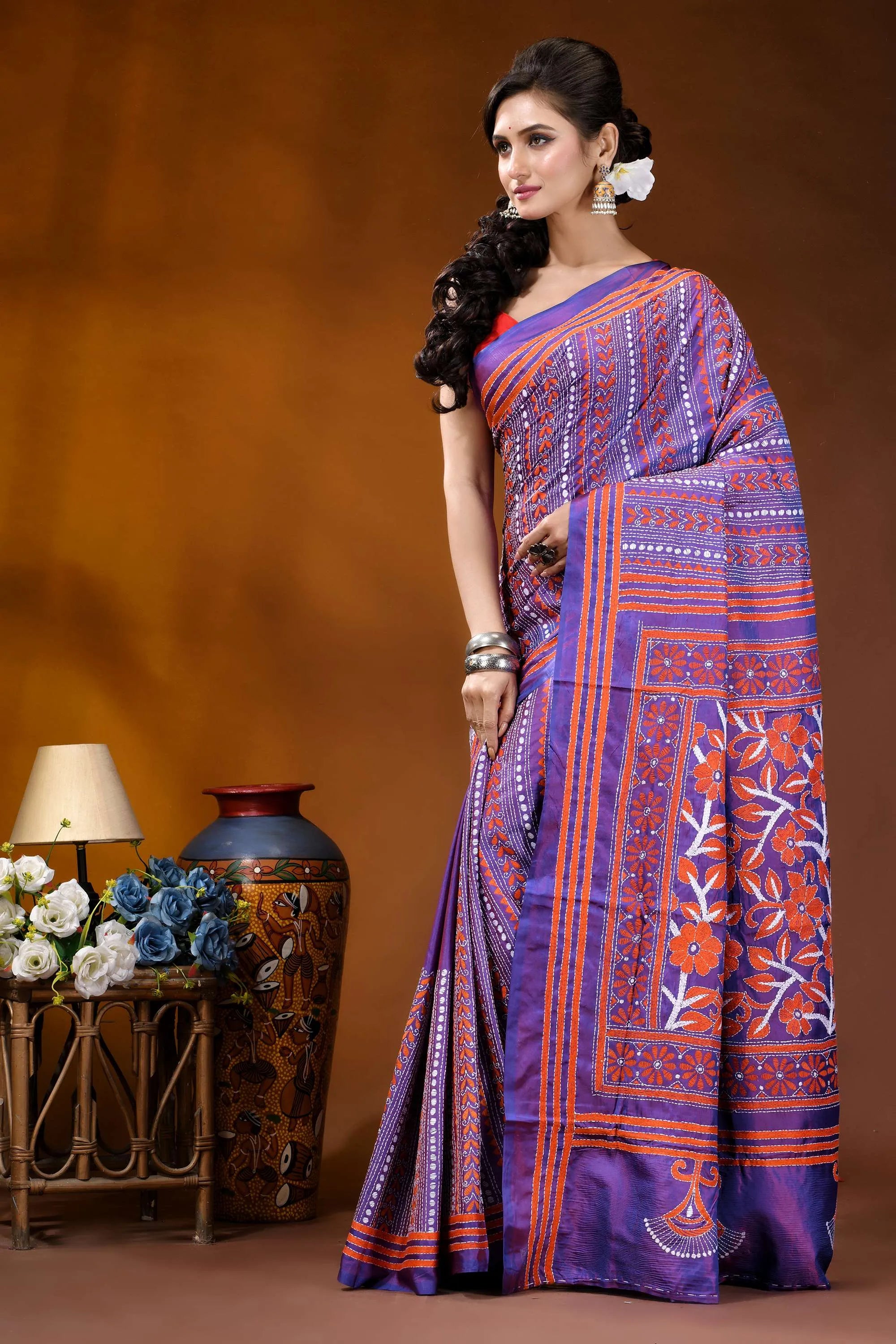 Dark lavender silk kantha saree with handcrafted orange floral patterns woman wears vibrant purple orange 3