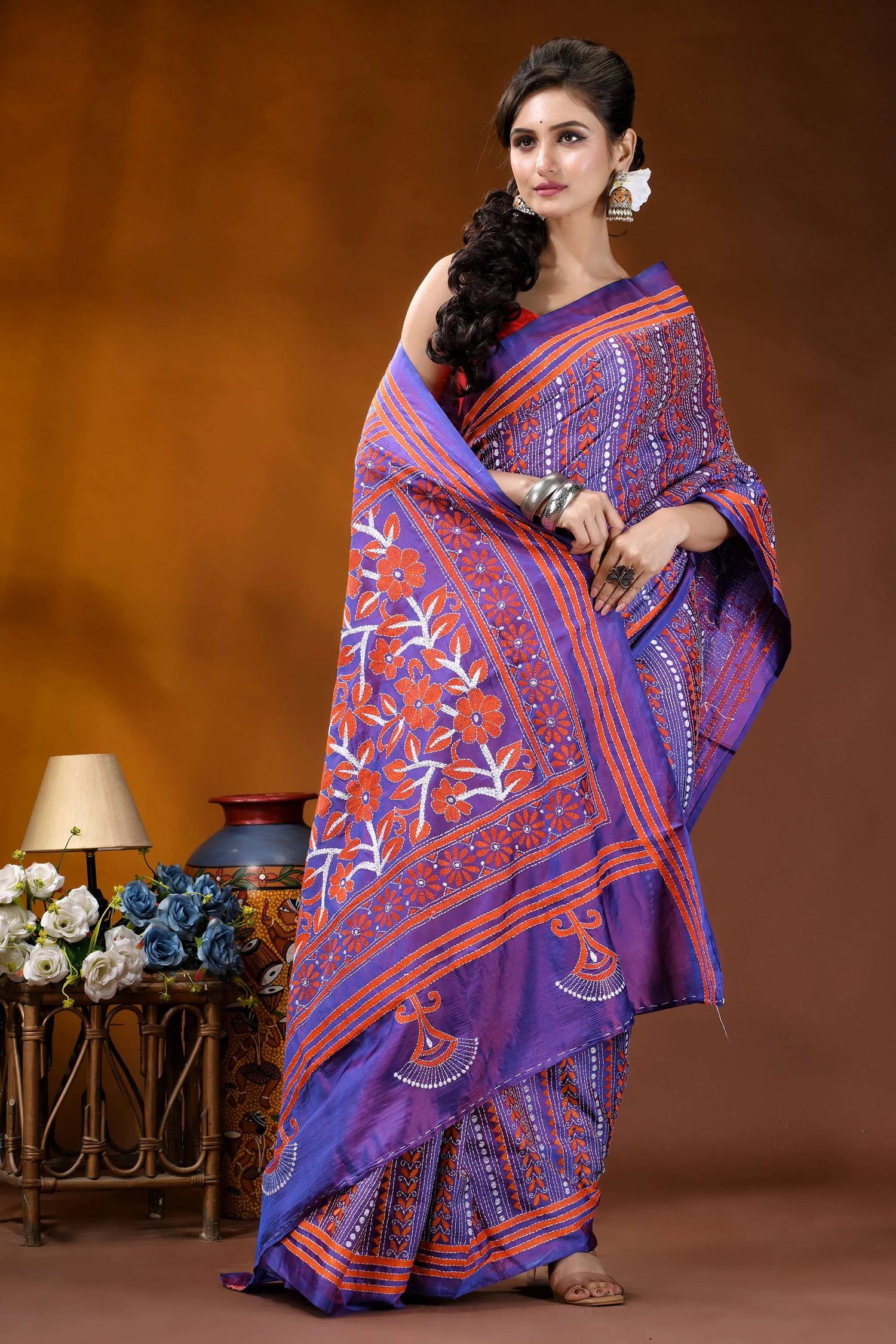 Dark lavender silk kantha saree with handcrafted orange floral patterns vibrant purple orange floral-patterned saree 4