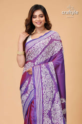 Dark lavender White Thread Kantha Embroidery Silk Saree - Craftyle