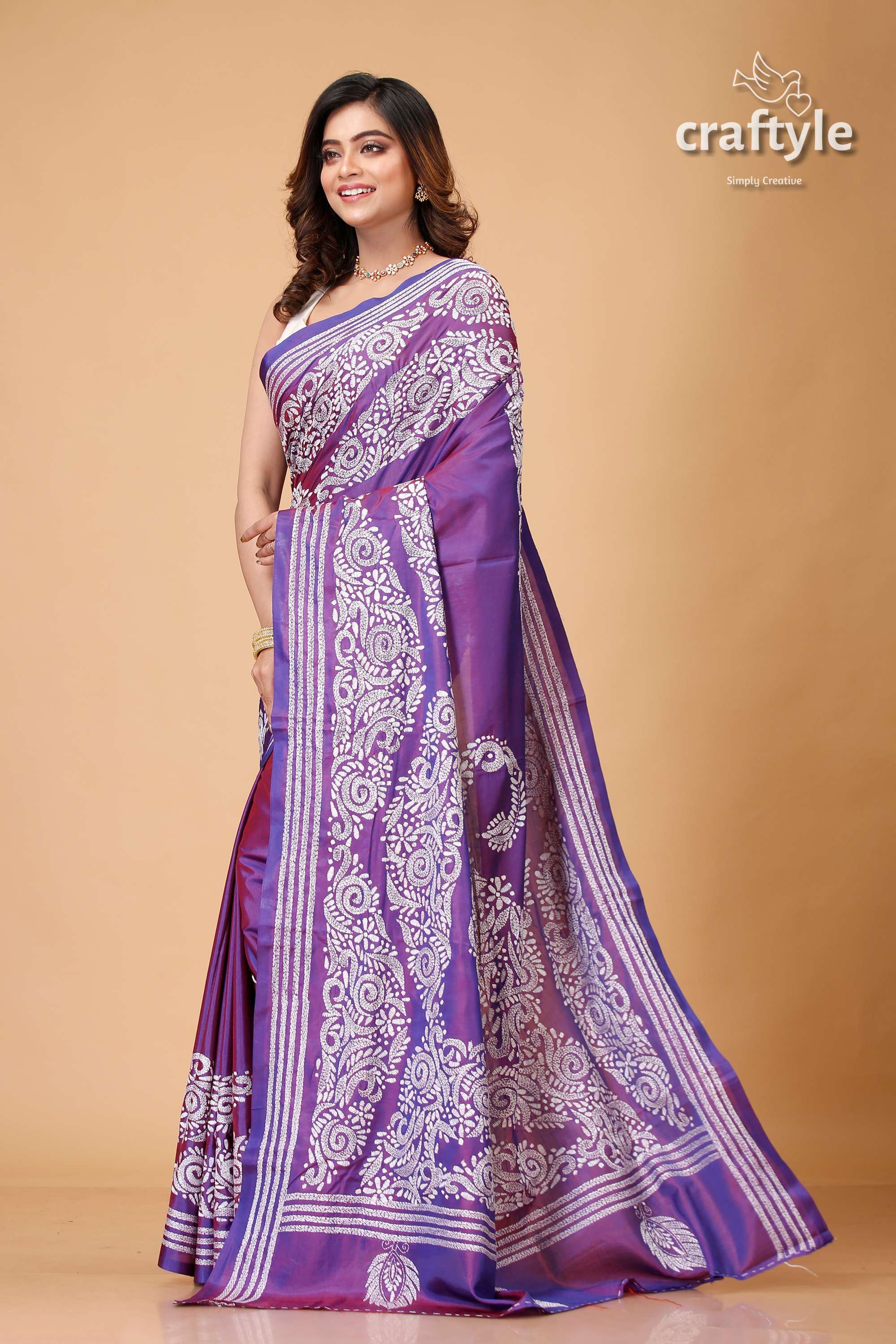 Dark lavender White Thread Kantha Embroidery Silk Saree - Craftyle