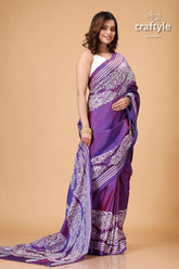 Dark lavender White Thread Kantha Embroidery Silk Saree - Craftyle