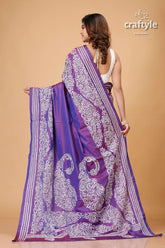 Dark lavender White Thread Kantha Embroidery Silk Saree - Craftyle