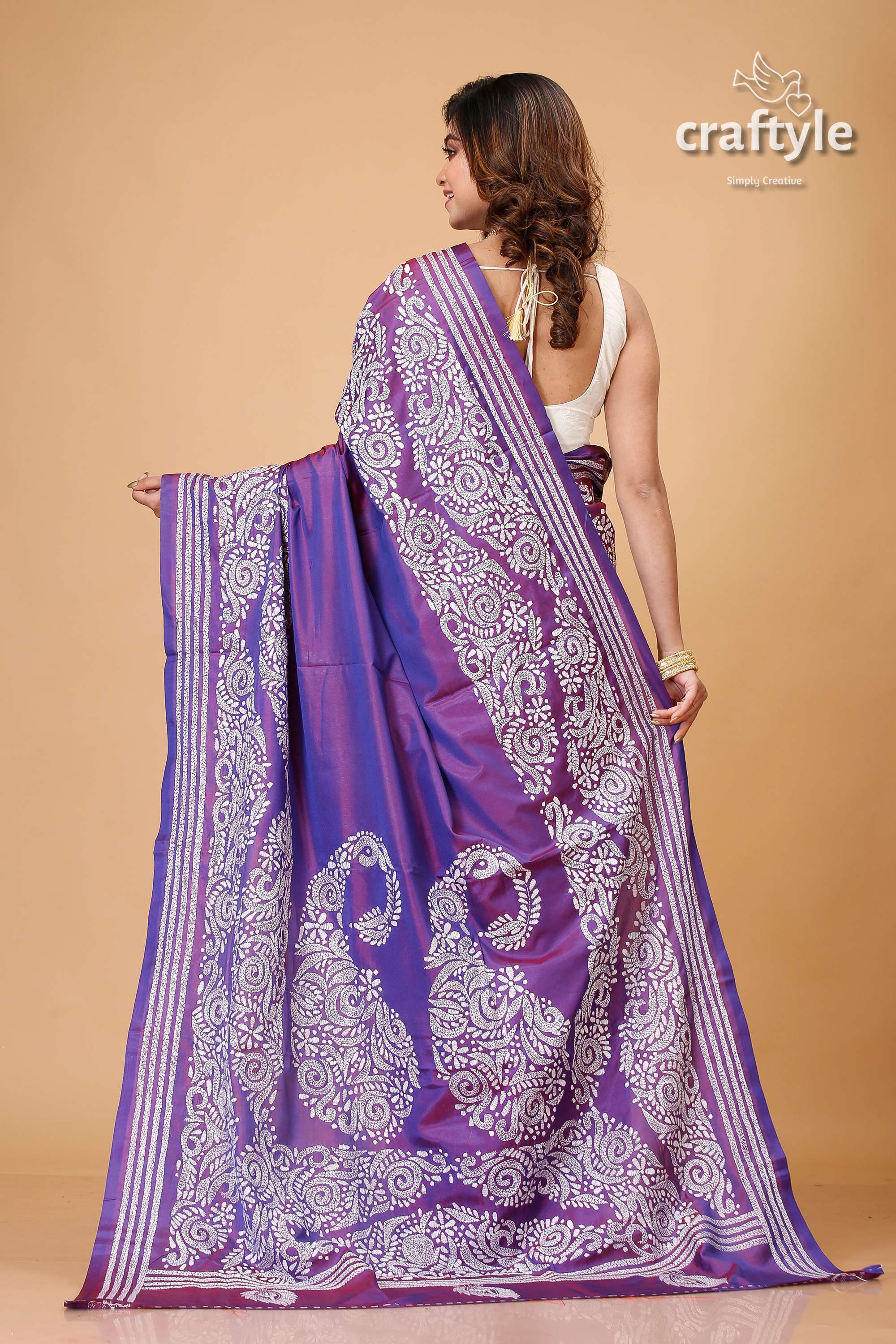 Dark lavender White Thread Kantha Embroidery Silk Saree - Craftyle