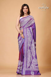 Dark lavender White Thread Kantha Embroidery Silk Saree - Craftyle