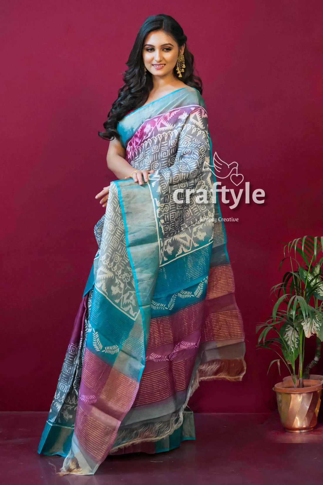 Dark magenta hand block print zari border pure tussar silk sari woman colorful saree 1