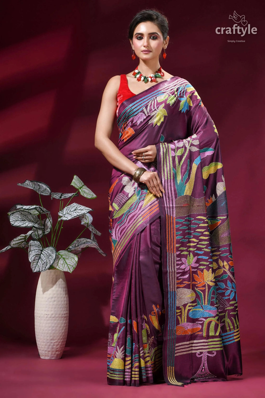 Dark mauve village theme handmade silk kantha saree vibrant purple saree intricate colorful 1