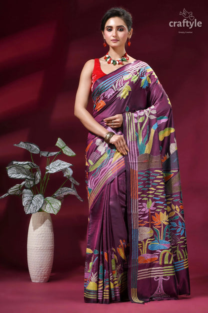 Dark mauve village theme handmade silk kantha saree vibrant purple saree intricate colorful 1