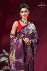 Dark mauve village theme handmade silk kantha saree vibrant purple silk saree intricate 2