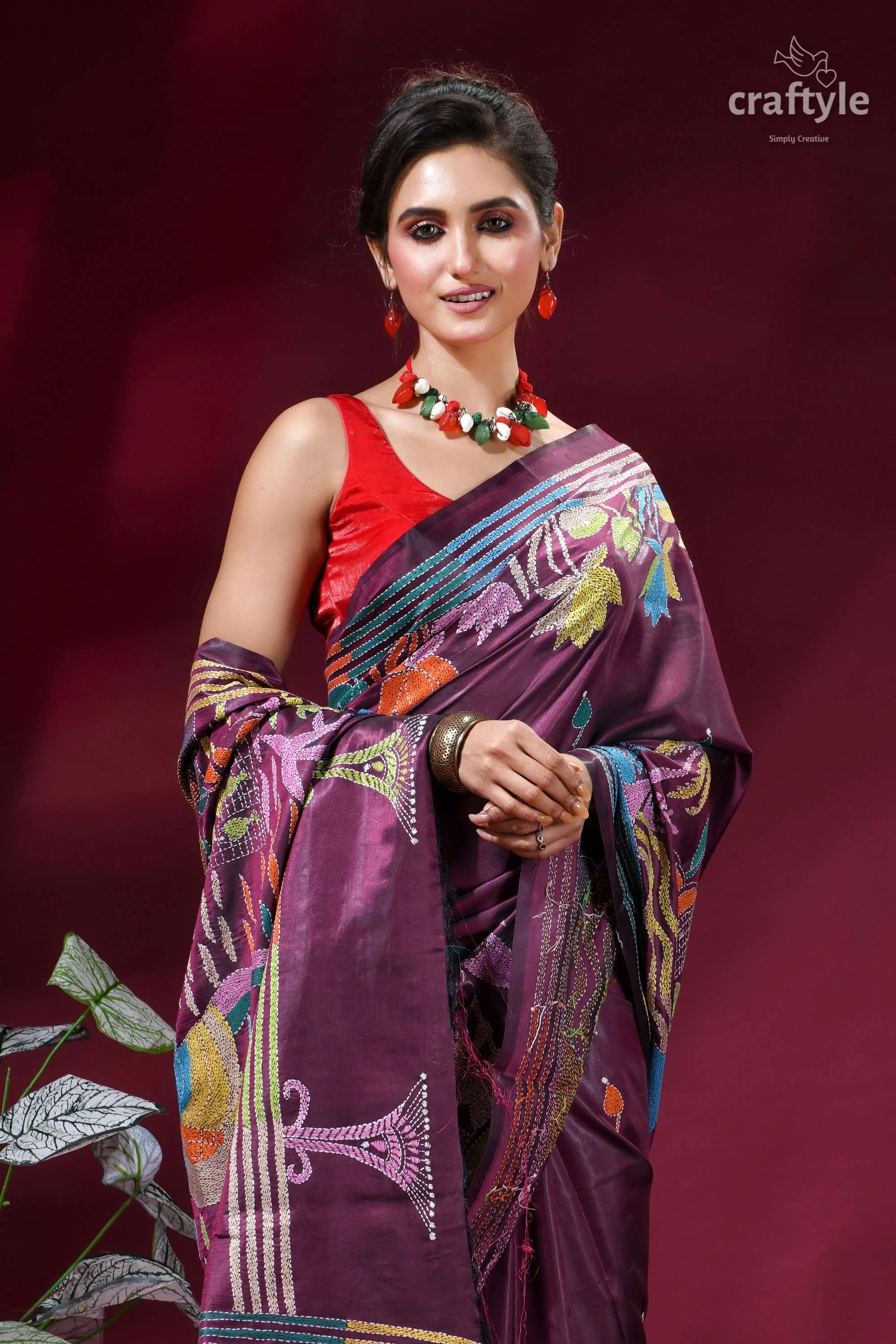 Dark mauve village theme handmade silk kantha saree vibrant purple silk saree intricate 2