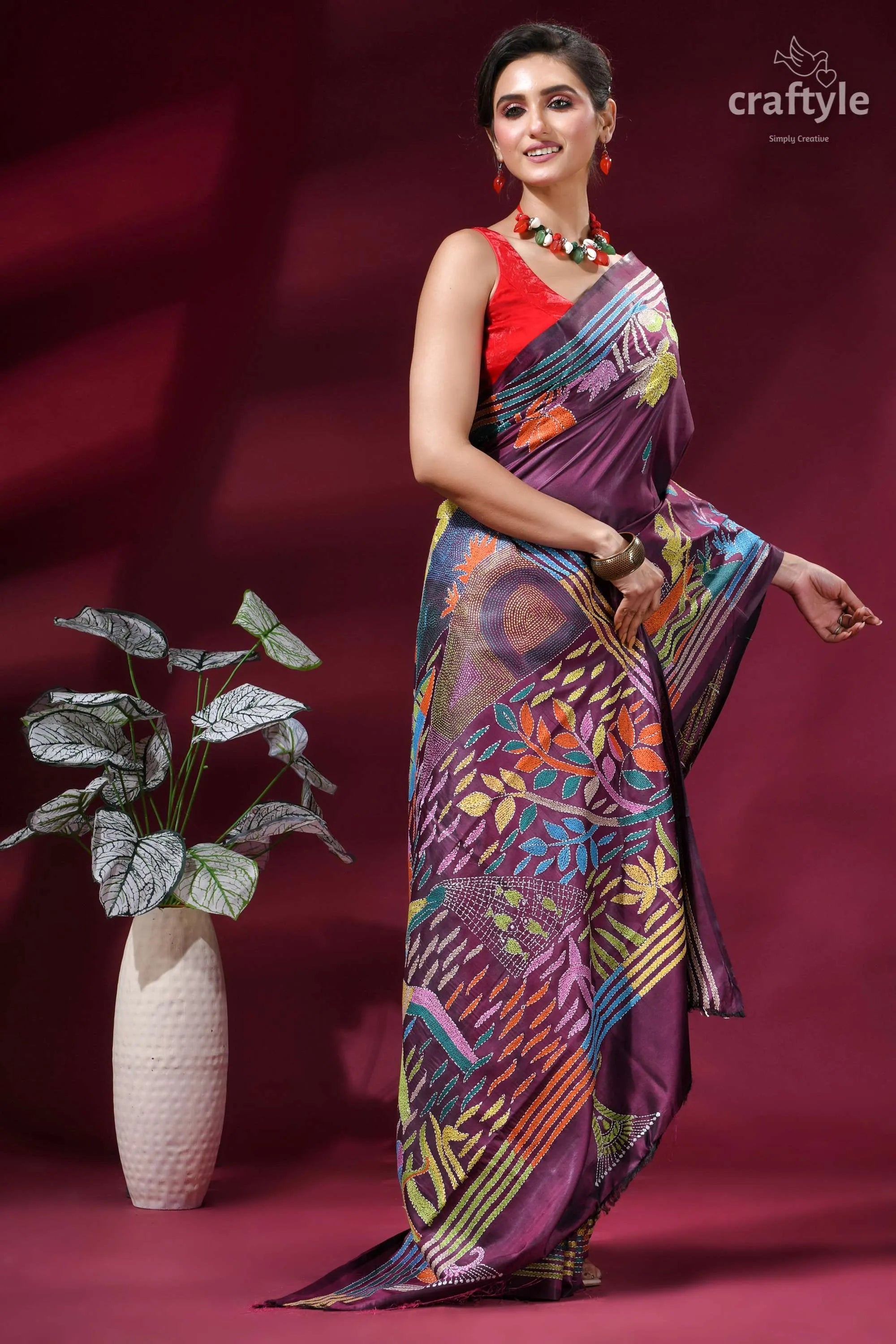 Dark mauve village theme handmade silk kantha saree vibrant purple saree intricate multicolored 4