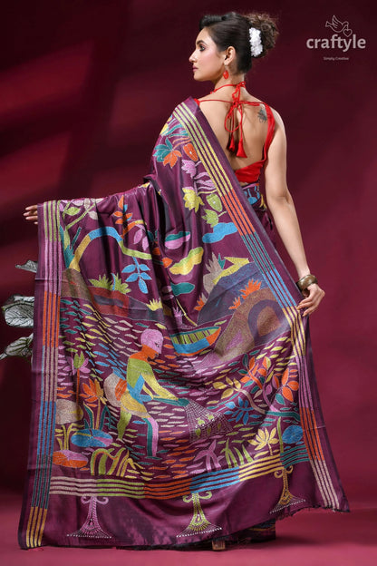Dark mauve village theme handmade silk kantha saree vibrant purple hand-painted silk saree 5