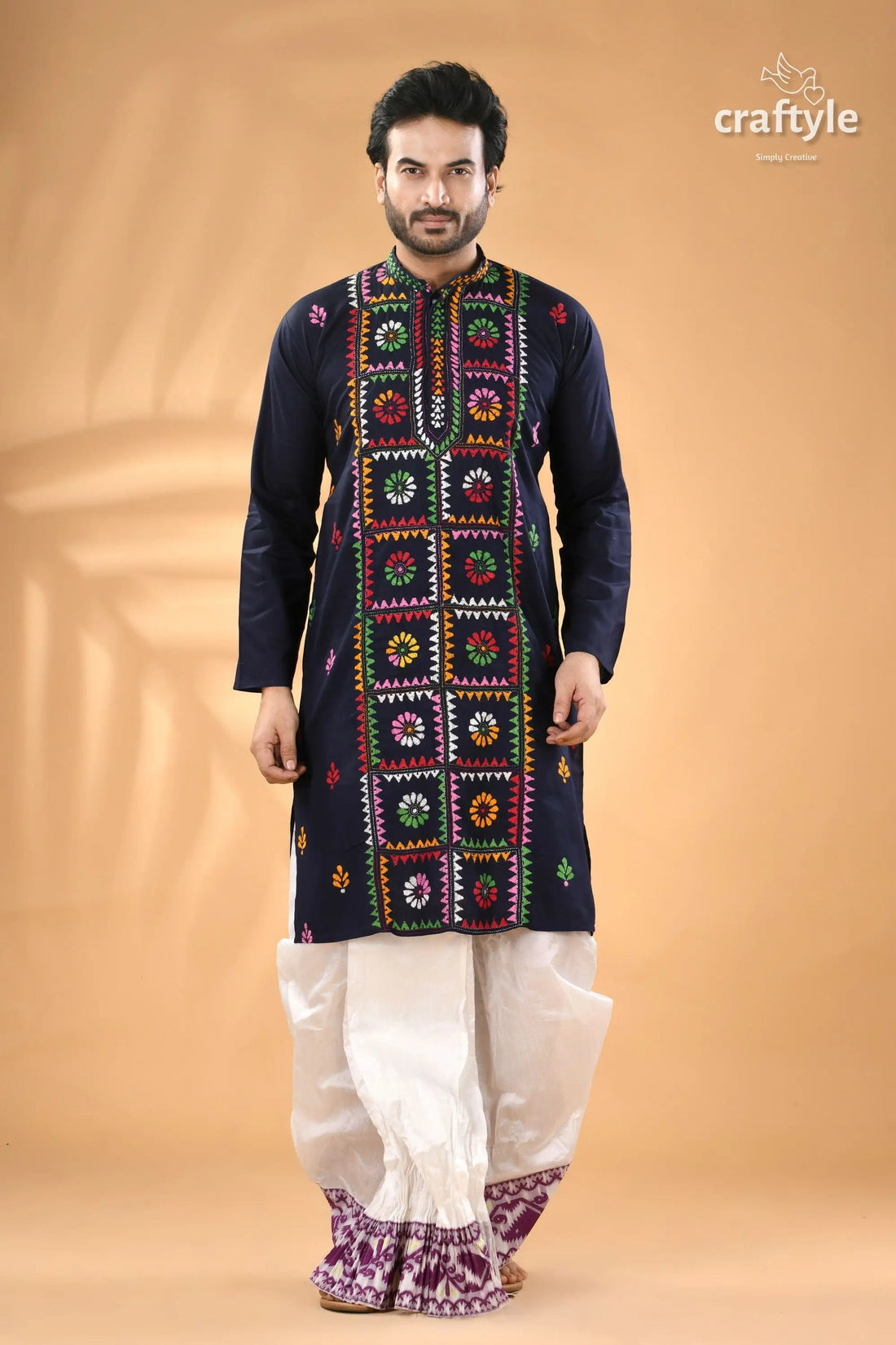 Dark midnight blue kantha work cotton kurta for men men’s black embroidered kurta white 1