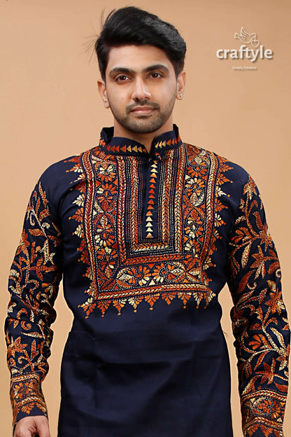 Dark navy blue and brown kantha stitch cotton mens kurta intricate orange 2