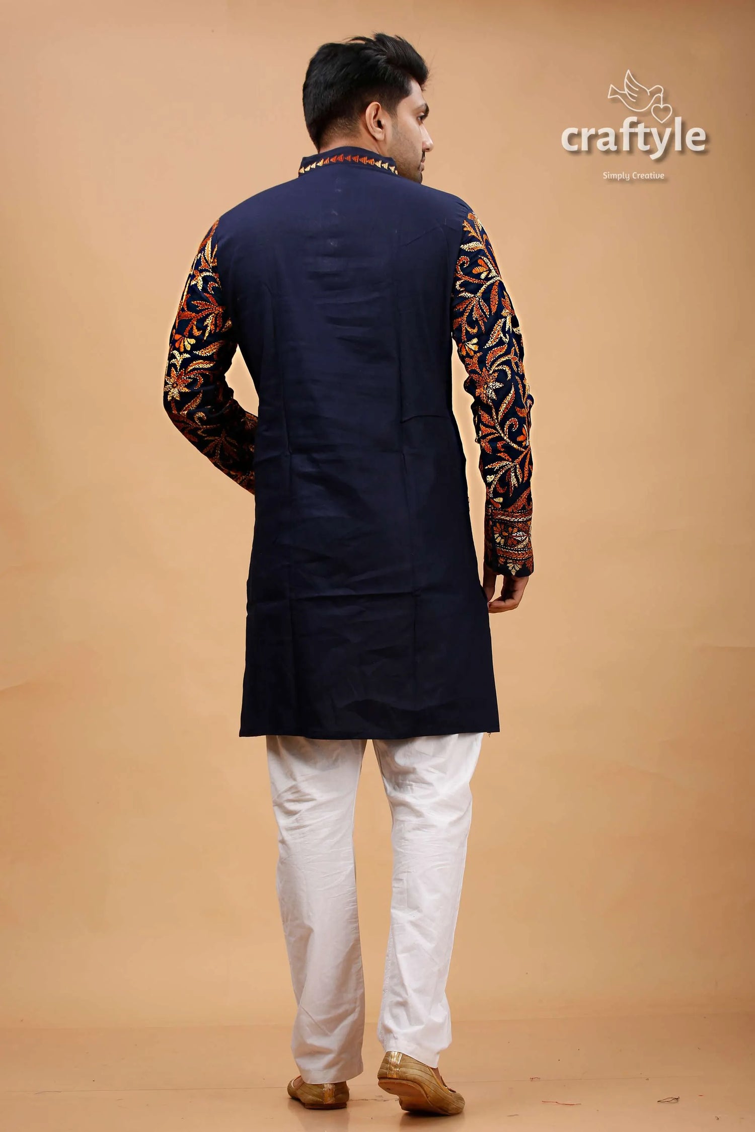 Dark navy blue and brown kantha stitch cotton mens kurta embroidered intricate 5